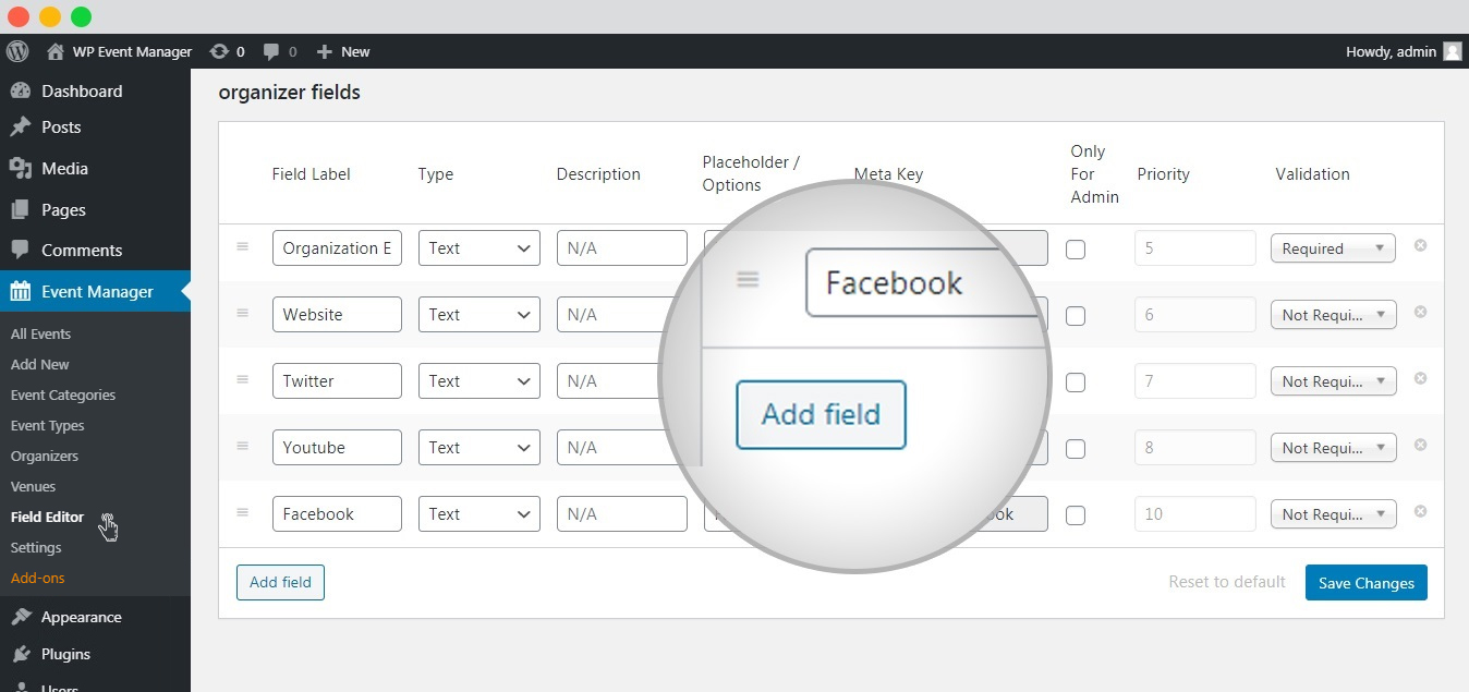 wp event manager add a new organizer field