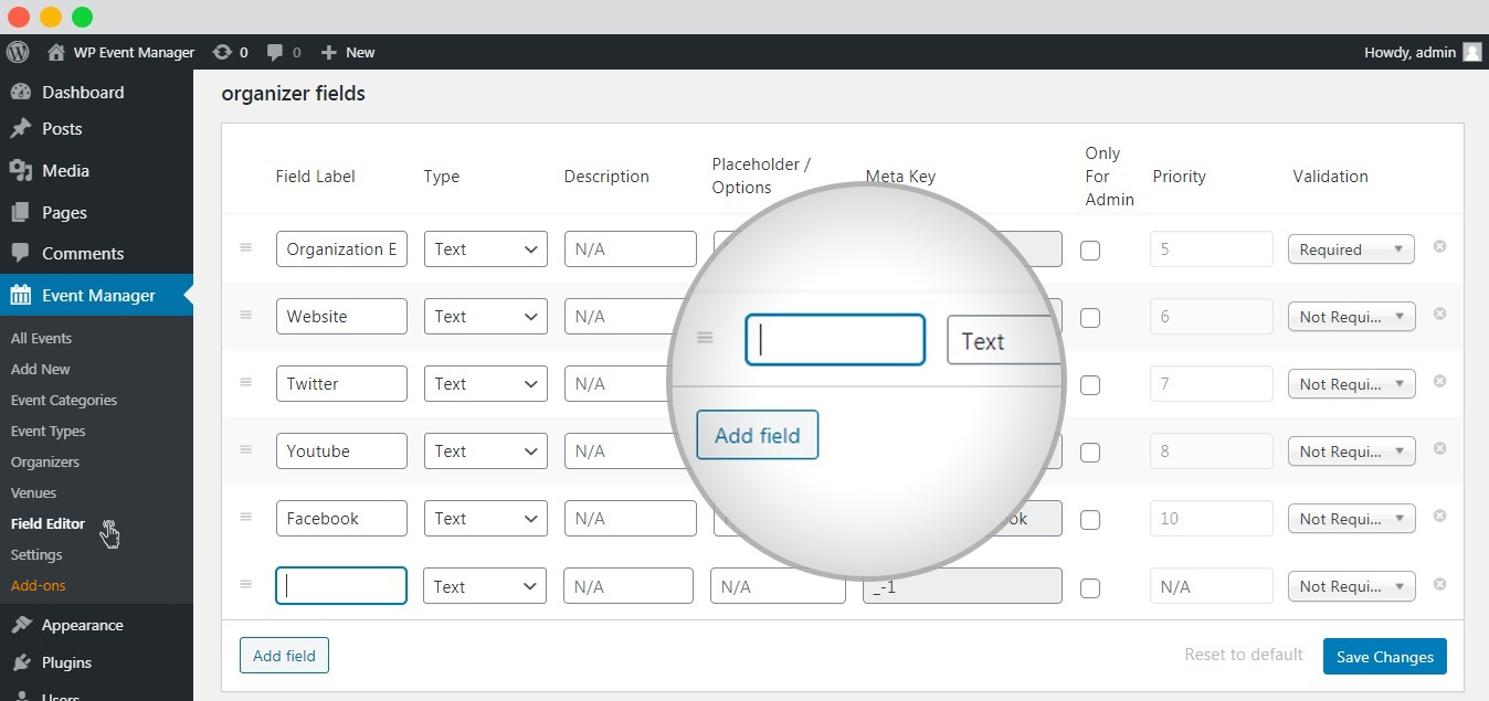 wp event manager edit the organizer field