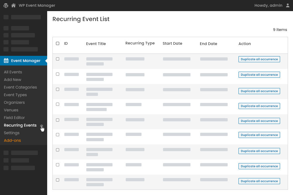 Admin Recurring Event List