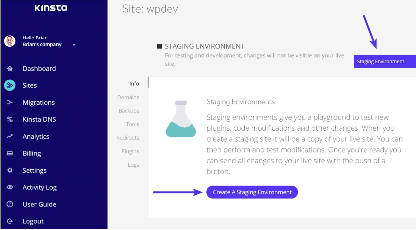 create staging environment with kinsta